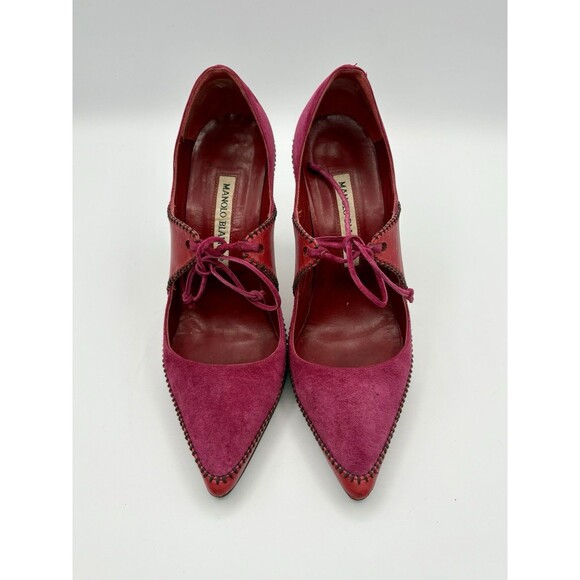 Manolo Blahnik Pink & Red Pointed Toe Heels Suede w/ Tie Accent Vintage Sz EU 37 - Picture 5 of 13